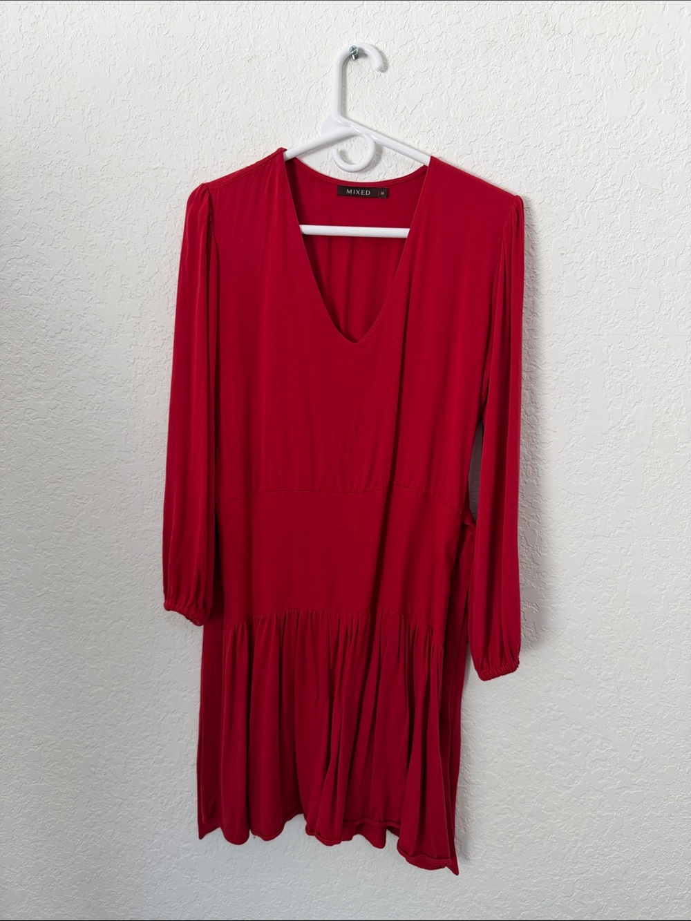 Red V-Neck Long Sleeve Tiered Dress